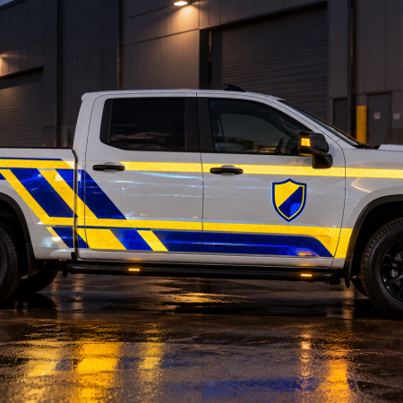 reflective utility truck at night